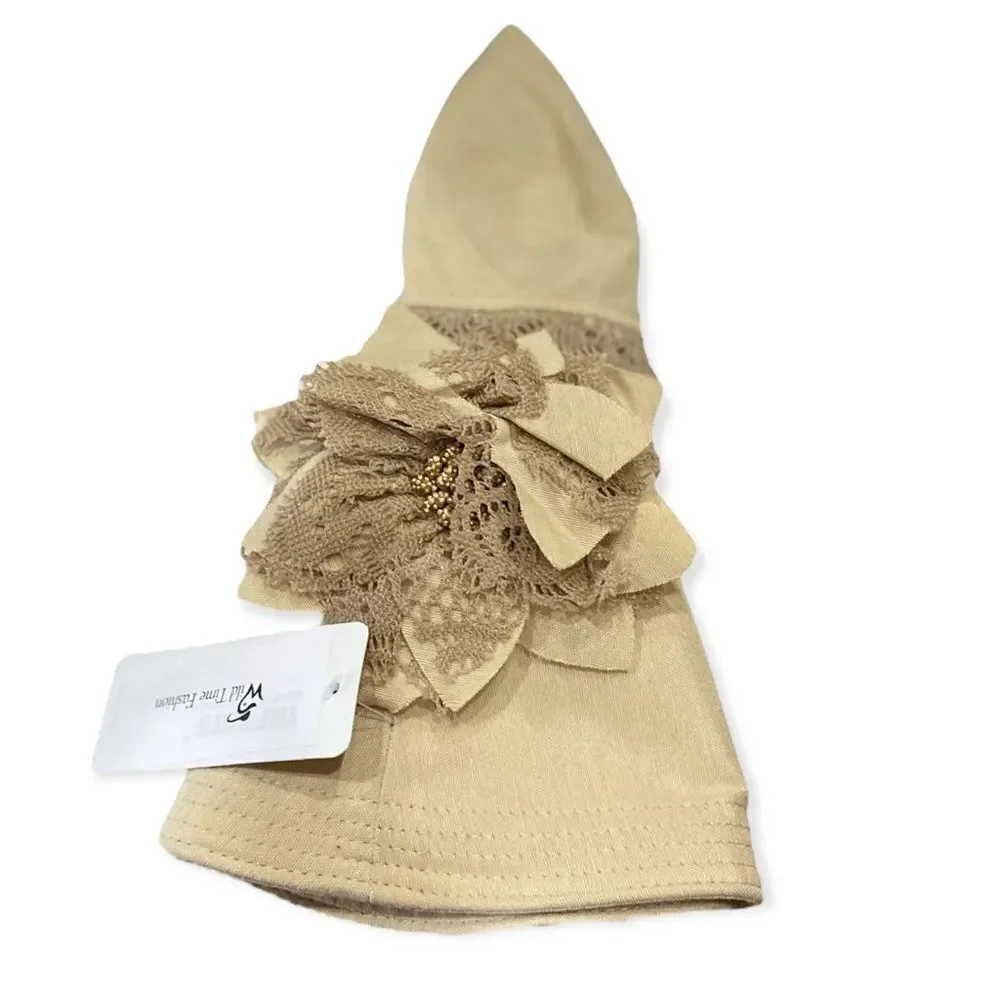 Khaki Wide Brim Floral Lace Band Foldable Adjustable Wide Brim Summer Sun Hat